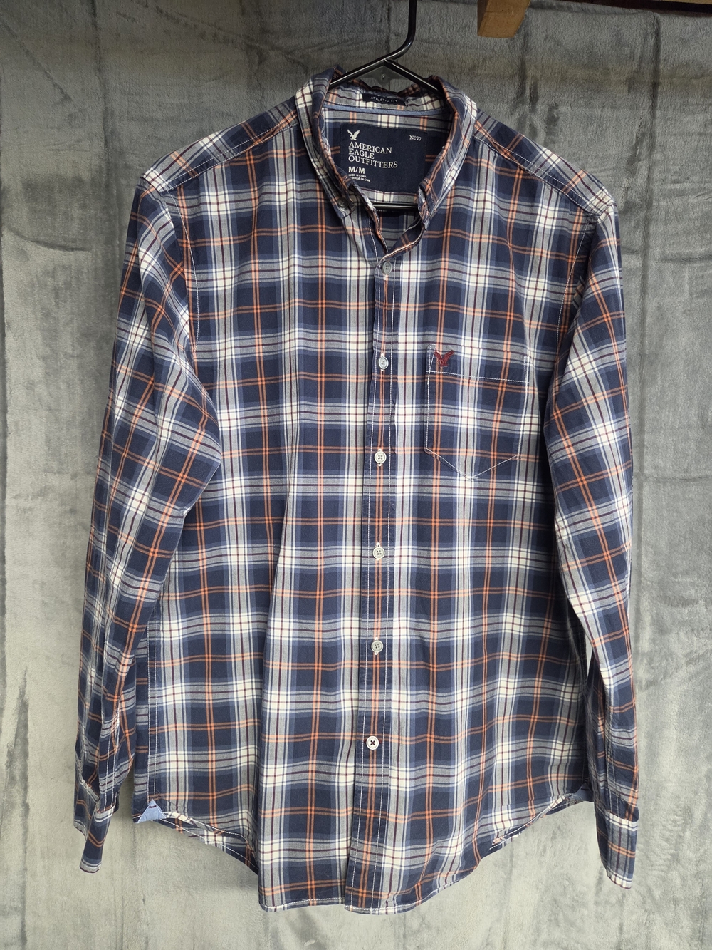 American Eagle Navy & Orange Plaid Button-Up Shirt